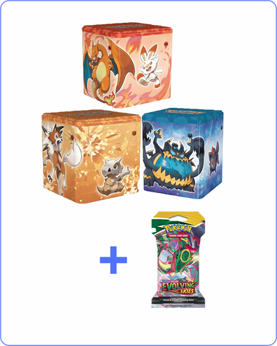 Pokemon Stacking Tin Fighting/Fire/Darkness Set of 3 Plus 1 free Evolving skies sleeved blister